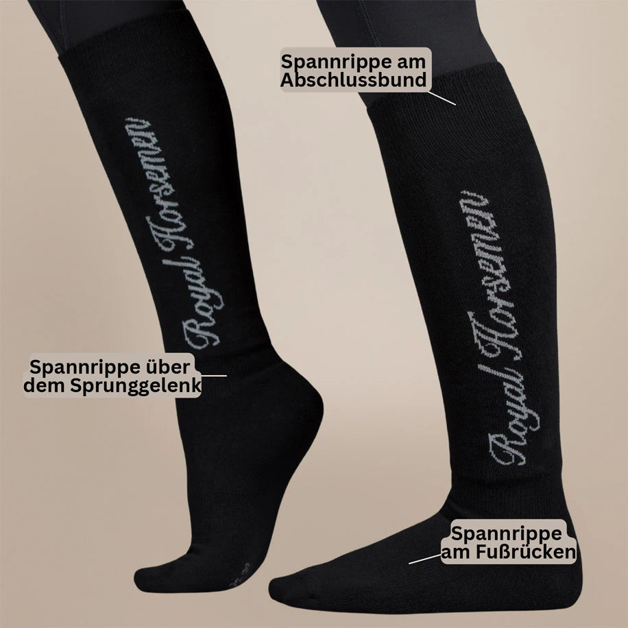 Details Royal Horsemen Reitsocken schwarz mit grauem Schriftzug